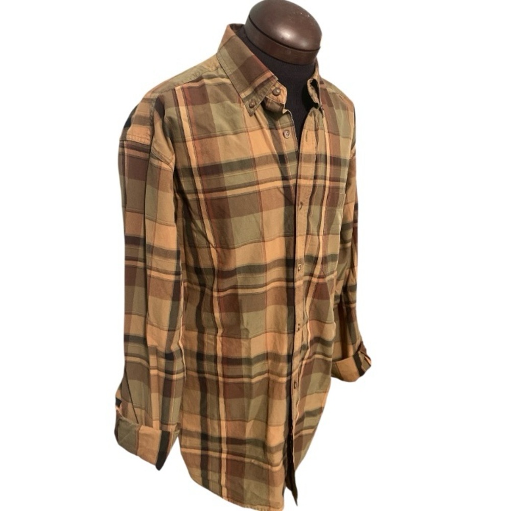 Mens Khaki Plaid Button Down Shirt Casual Long Sleeve L EUC